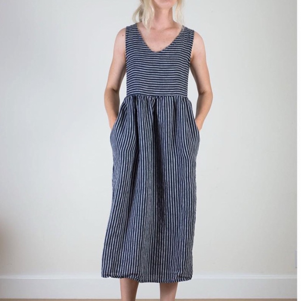 Pyne & Smith No. 21 linen midi sleeveless dress in Indigo stripe, size Small
